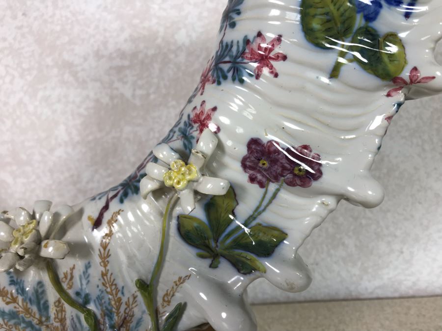 Antique Faience Majolica Ram Vase Finely Painted With Flowers Marked Doccia Porcelain (Ginori) Florence Italy - See Photos For Details And Slight Chips 18W X 6D X 12H [Photo 9]