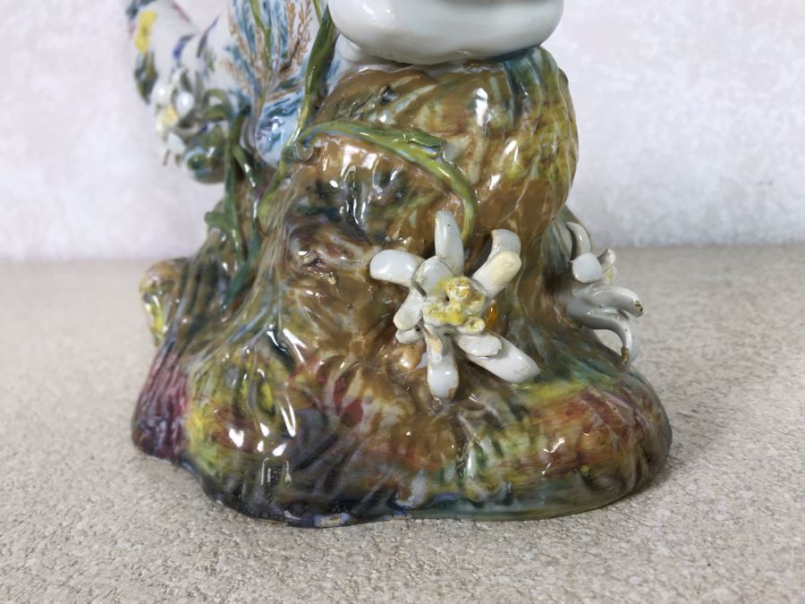 Antique Faience Majolica Ram Vase Finely Painted With Flowers Marked Doccia Porcelain (Ginori) Florence Italy - See Photos For Details And Slight Chips 18W X 6D X 12H [Photo 13]