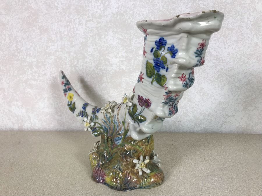 Antique Faience Majolica Ram Vase Finely Painted With Flowers Marked Doccia Porcelain (Ginori) Florence Italy - See Photos For Details And Slight Chips 18W X 6D X 12H [Photo 11]