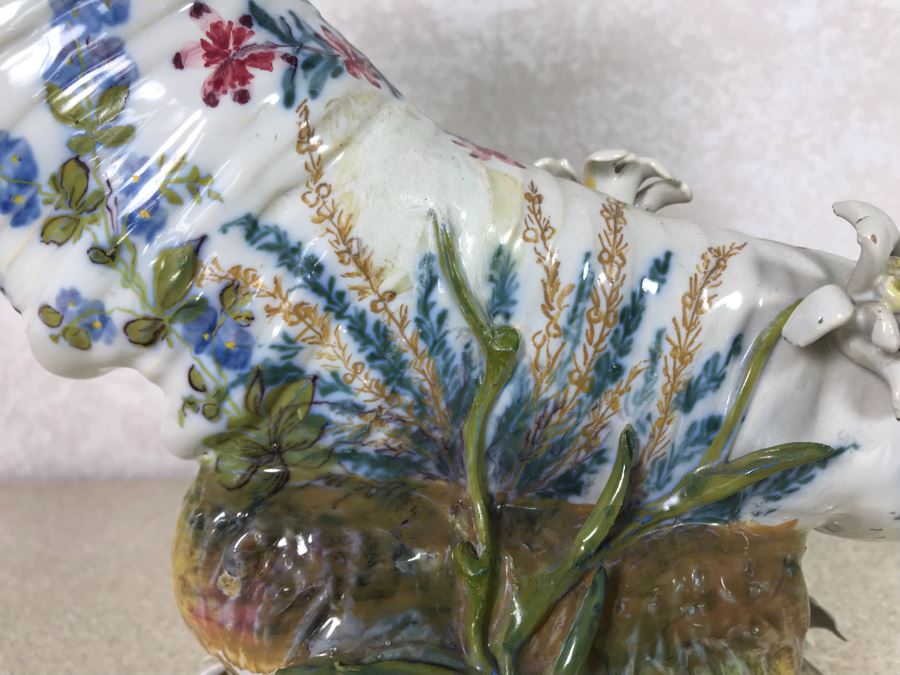 Antique Faience Majolica Ram Vase Finely Painted With Flowers Marked Doccia Porcelain (Ginori) Florence Italy - See Photos For Details And Slight Chips 18W X 6D X 12H [Photo 22]