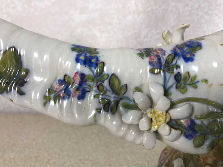Antique Faience Majolica Ram Vase Finely Painted With Flowers Marked Doccia Porcelain (Ginori) Florence Italy - See Photos For Details And Slight Chips 18W X 6D X 12H [Photo 7]