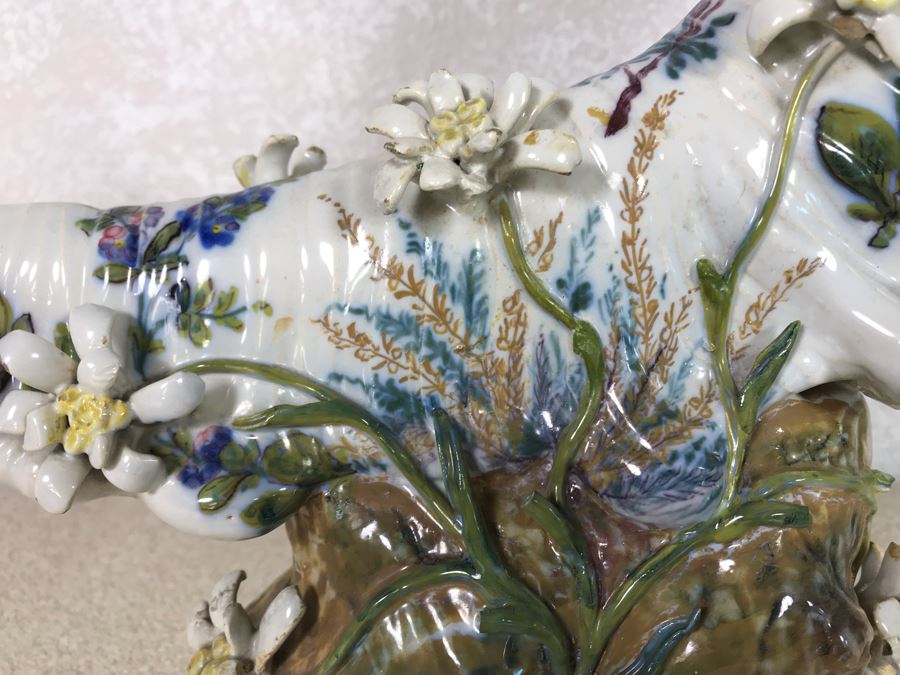 Antique Faience Majolica Ram Vase Finely Painted With Flowers Marked Doccia Porcelain (Ginori) Florence Italy - See Photos For Details And Slight Chips 18W X 6D X 12H [Photo 6]