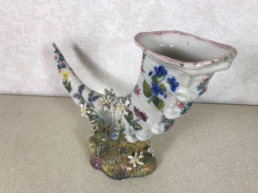 Antique Faience Majolica Ram Vase Finely Painted With Flowers Marked Doccia Porcelain (Ginori) Florence Italy - See Photos For Details And Slight Chips 18W X 6D X 12H [Photo 12]