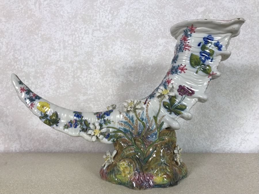 Antique Faience Majolica Ram Vase Finely Painted With Flowers Marked Doccia Porcelain (Ginori) Florence Italy - See Photos For Details And Slight Chips 18W X 6D X 12H [Photo 3]