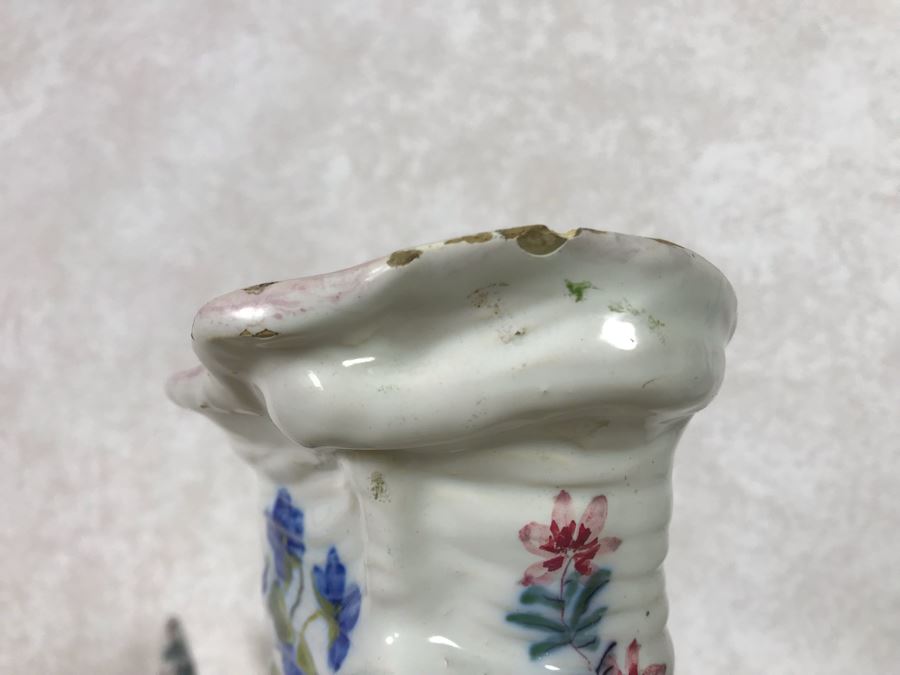 Antique Faience Majolica Ram Vase Finely Painted With Flowers Marked Doccia Porcelain (Ginori) Florence Italy - See Photos For Details And Slight Chips 18W X 6D X 12H [Photo 17]