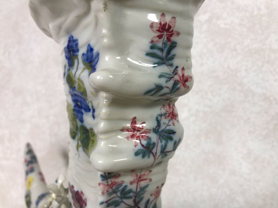 Antique Faience Majolica Ram Vase Finely Painted With Flowers Marked Doccia Porcelain (Ginori) Florence Italy - See Photos For Details And Slight Chips 18W X 6D X 12H [Photo 14]