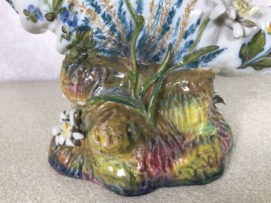 Antique Faience Majolica Ram Vase Finely Painted With Flowers Marked Doccia Porcelain (Ginori) Florence Italy - See Photos For Details And Slight Chips 18W X 6D X 12H [Photo 21]