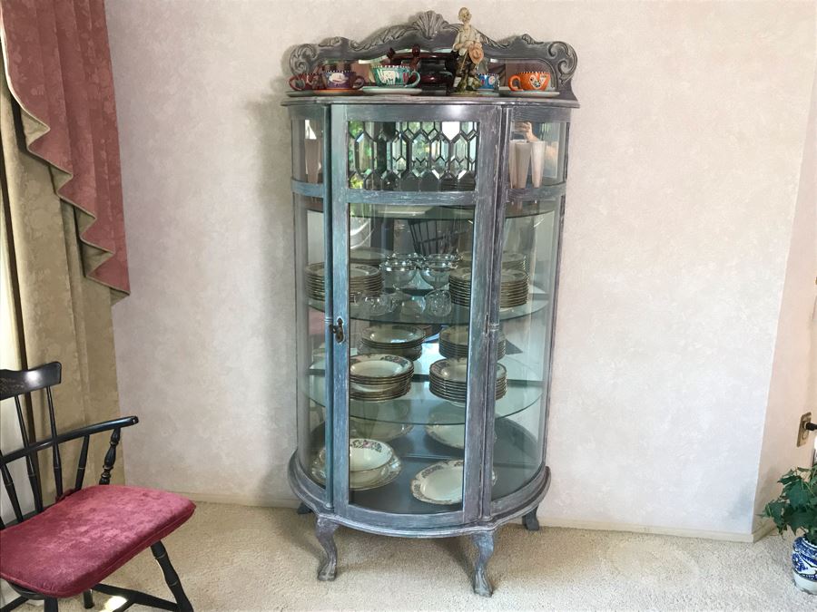 English Shabby Chic Curved Beveled Glass Wooden Curio Cabinet With Glass Shelves 37W X 19D X 72H [Photo 3]