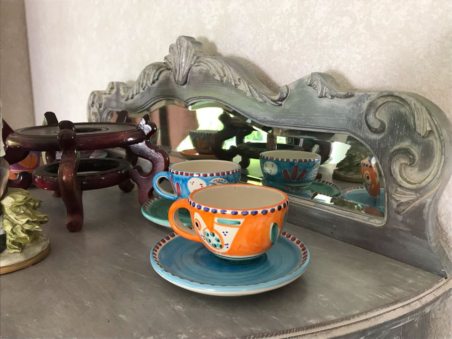 English Shabby Chic Curved Beveled Glass Wooden Curio Cabinet With Glass Shelves 37W X 19D X 72H [Photo 5]