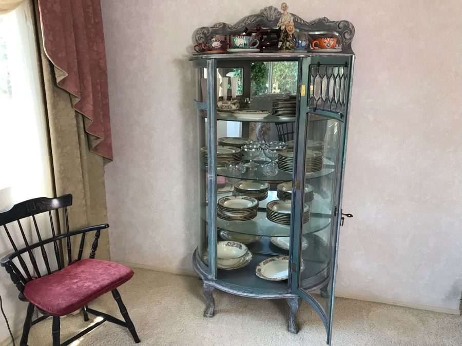 English Shabby Chic Curved Beveled Glass Wooden Curio Cabinet With Glass Shelves 37W X 19D X 72H [Photo 9]