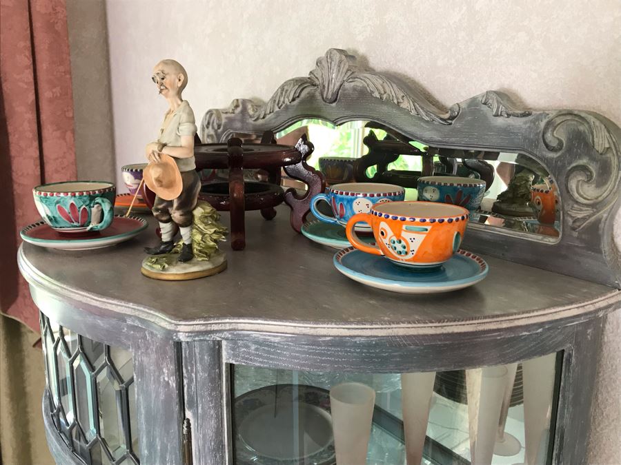 English Shabby Chic Curved Beveled Glass Wooden Curio Cabinet With Glass Shelves 37W X 19D X 72H [Photo 6]