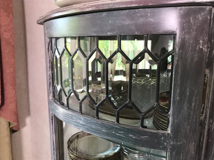 English Shabby Chic Curved Beveled Glass Wooden Curio Cabinet With Glass Shelves 37W X 19D X 72H [Photo 7]