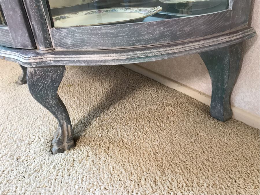 English Shabby Chic Curved Beveled Glass Wooden Curio Cabinet With Glass Shelves 37W X 19D X 72H [Photo 8]