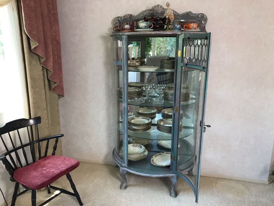 English Shabby Chic Curved Beveled Glass Wooden Curio Cabinet With Glass Shelves 37W X 19D X 72H [Photo 10]