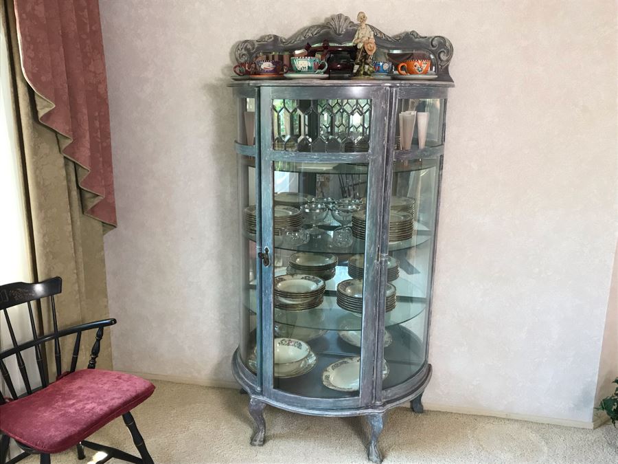 English Shabby Chic Curved Beveled Glass Wooden Curio Cabinet With Glass Shelves 37W X 19D X 72H [Photo 1]
