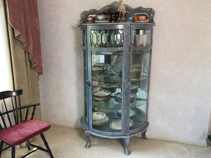 English Shabby Chic Curved Beveled Glass Wooden Curio Cabinet With Glass Shelves 37W X 19D X 72H [Photo 4]