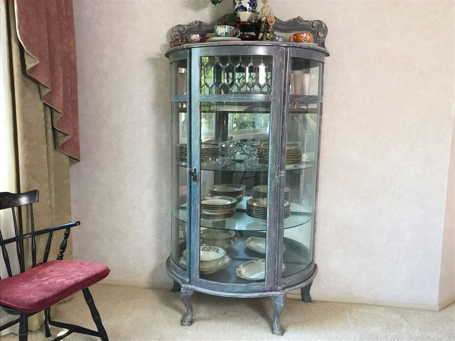 English Shabby Chic Curved Beveled Glass Wooden Curio Cabinet With Glass Shelves 37W X 19D X 72H [Photo 2]