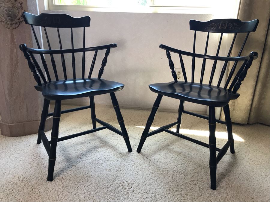 Pair Of Vintage Black Hitchcock Style Gold Stenciled Armchairs [Photo 2]