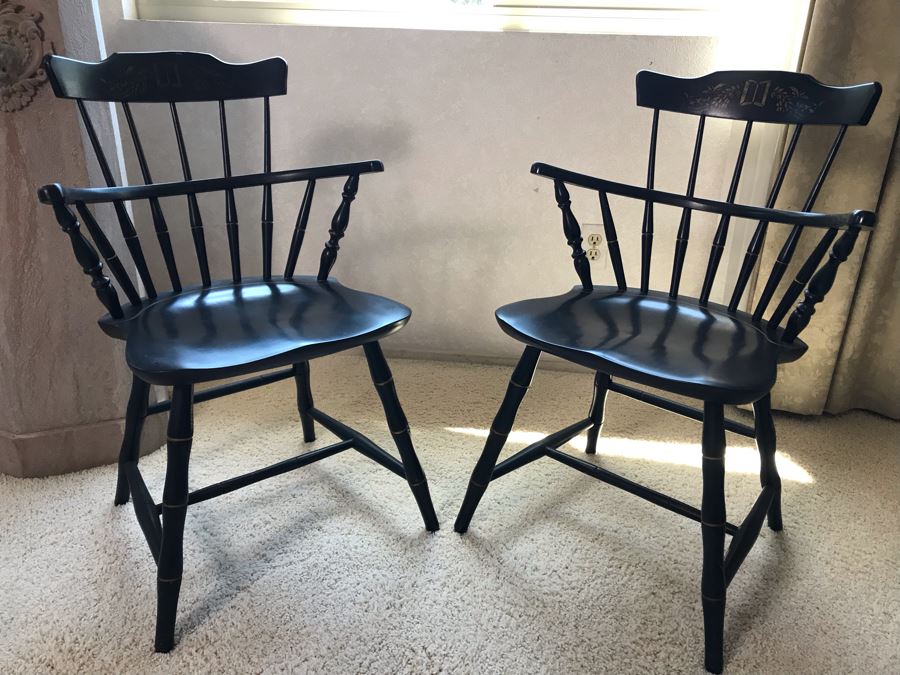 Pair Of Vintage Black Hitchcock Style Gold Stenciled Armchairs [Photo 3]