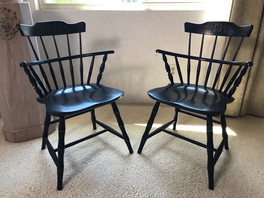 Pair Of Vintage Black Hitchcock Style Gold Stenciled Armchairs [Photo 1]