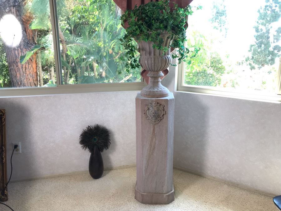 Custom Pedestal Column With Embossed Lion Ornamentation And Urn With Artificial Plant 12W X 56H [Photo 1]
