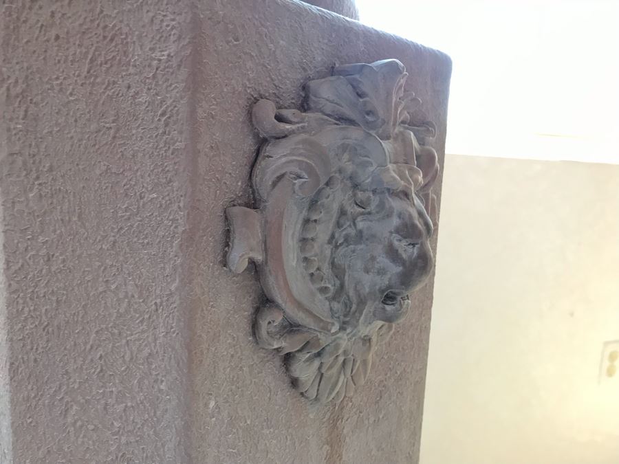 Custom Pedestal Column With Embossed Lion Ornamentation And Urn With Artificial Plant 12W X 56H [Photo 6]