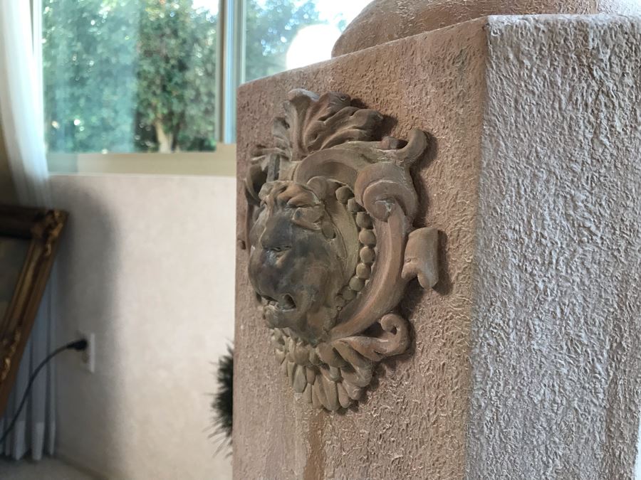 Custom Pedestal Column With Embossed Lion Ornamentation And Urn With Artificial Plant 12W X 56H [Photo 7]