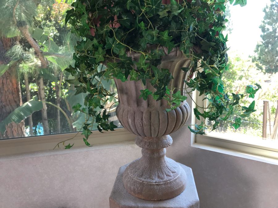 Custom Pedestal Column With Embossed Lion Ornamentation And Urn With Artificial Plant 12W X 56H [Photo 4]