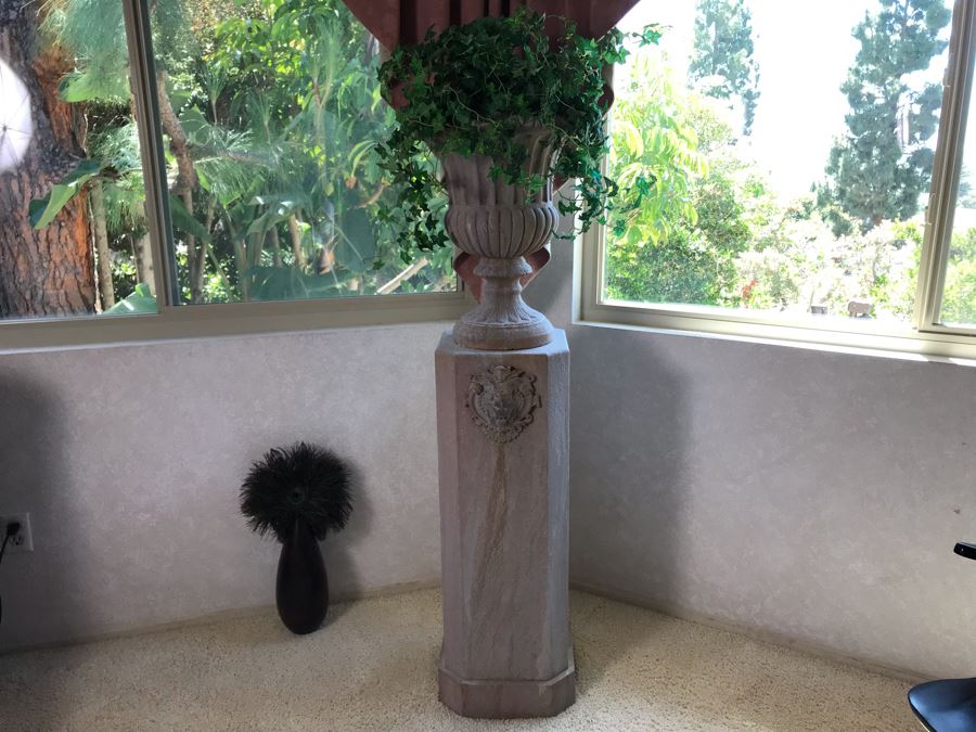 Custom Pedestal Column With Embossed Lion Ornamentation And Urn With Artificial Plant 12W X 56H [Photo 3]
