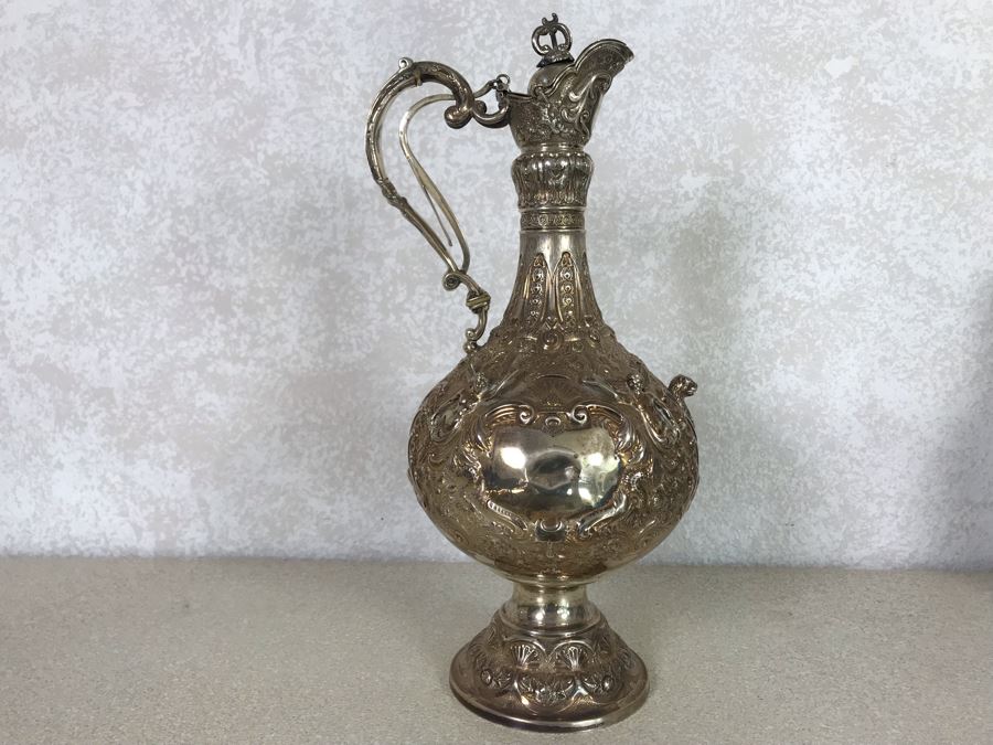 Impressive English Sterling Silver Ewer Pitcher With High Relief Repousse Decoration Featuring Winged Mermaids, Nautical Marine Motifs, Possibly Poseidon And Lions Head -Believe Mark Is Job Frank Hall In London, England 1,360g [Photo 18]