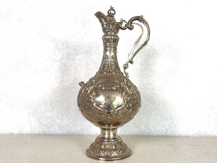 Impressive English Sterling Silver Ewer Pitcher With High Relief Repousse Decoration Featuring Winged Mermaids, Nautical Marine Motifs, Possibly Poseidon And Lions Head -Believe Mark Is Job Frank Hall In London, England 1,360g [Photo 3]
