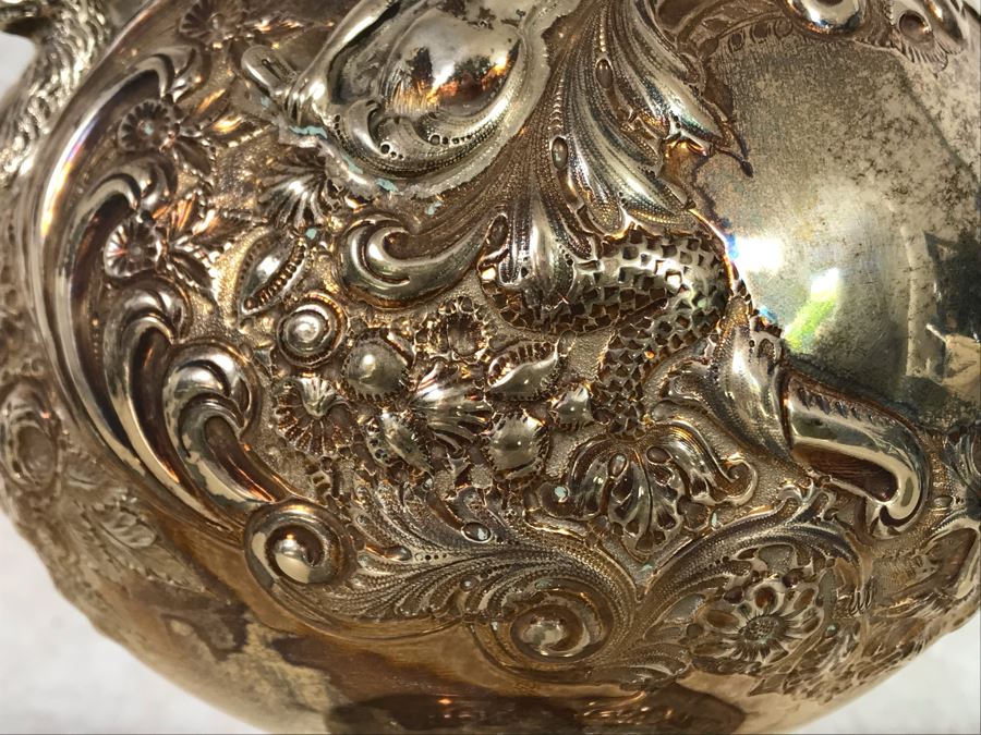 Impressive English Sterling Silver Ewer Pitcher With High Relief Repousse Decoration Featuring Winged Mermaids, Nautical Marine Motifs, Possibly Poseidon And Lions Head -Believe Mark Is Job Frank Hall In London, England 1,360g [Photo 10]