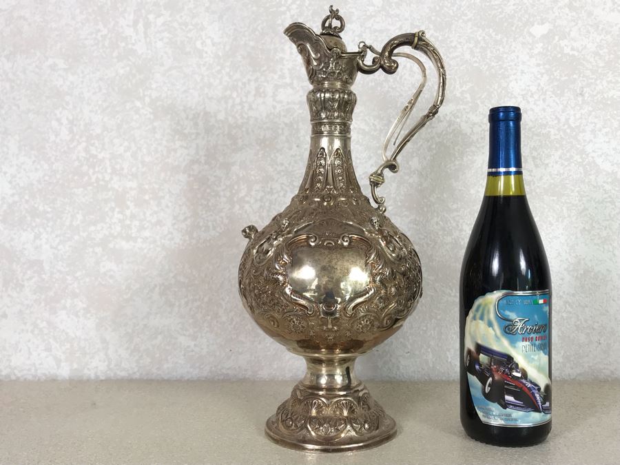 Impressive English Sterling Silver Ewer Pitcher With High Relief Repousse Decoration Featuring Winged Mermaids, Nautical Marine Motifs, Possibly Poseidon And Lions Head -Believe Mark Is Job Frank Hall In London, England 1,360g [Photo 2]