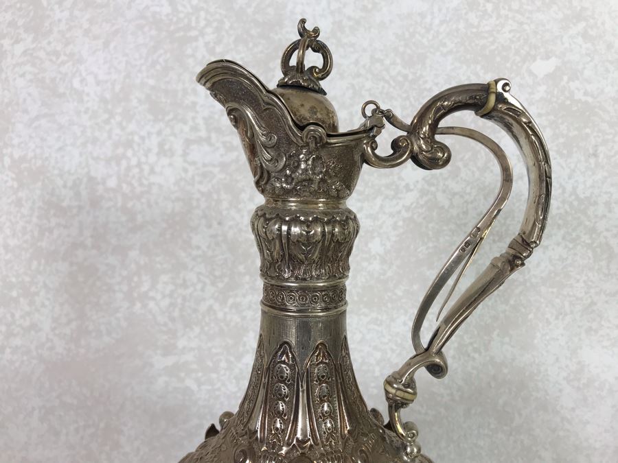 Impressive English Sterling Silver Ewer Pitcher With High Relief Repousse Decoration Featuring Winged Mermaids, Nautical Marine Motifs, Possibly Poseidon And Lions Head -Believe Mark Is Job Frank Hall In London, England 1,360g [Photo 26]