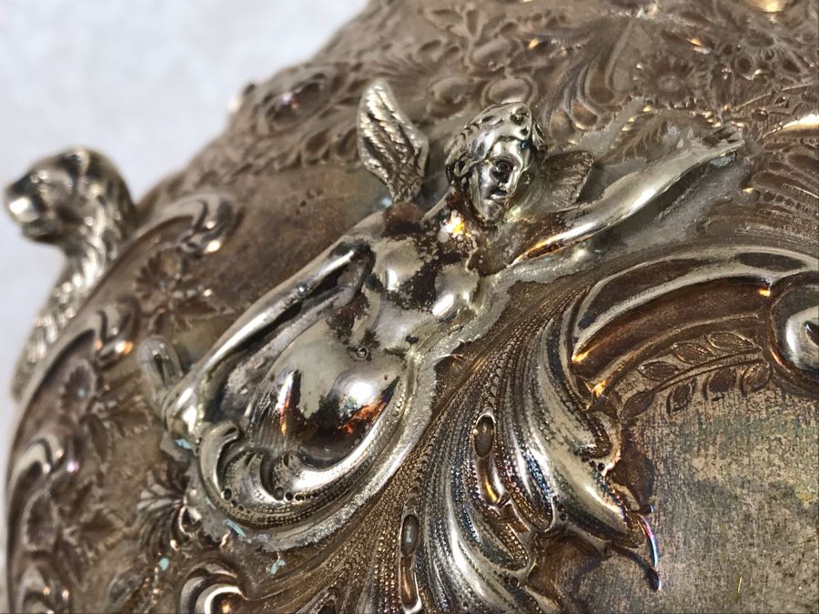 Impressive English Sterling Silver Ewer Pitcher With High Relief Repousse Decoration Featuring Winged Mermaids, Nautical Marine Motifs, Possibly Poseidon And Lions Head -Believe Mark Is Job Frank Hall In London, England 1,360g [Photo 9]