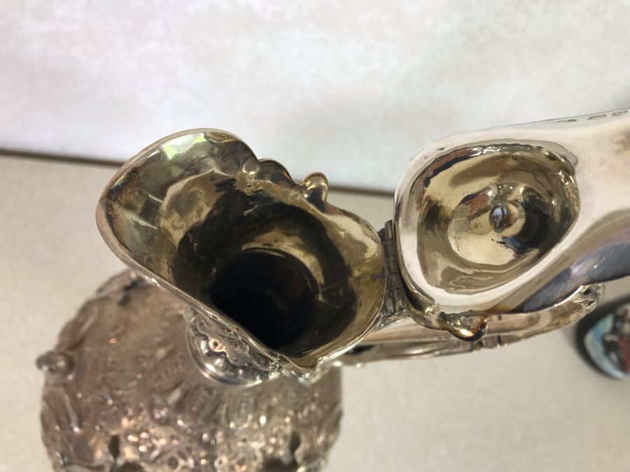 Impressive English Sterling Silver Ewer Pitcher With High Relief Repousse Decoration Featuring Winged Mermaids, Nautical Marine Motifs, Possibly Poseidon And Lions Head -Believe Mark Is Job Frank Hall In London, England 1,360g [Photo 28]