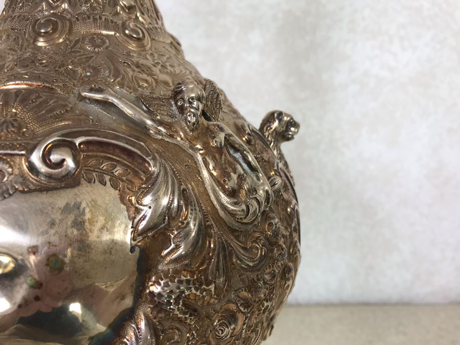Impressive English Sterling Silver Ewer Pitcher With High Relief Repousse Decoration Featuring Winged Mermaids, Nautical Marine Motifs, Possibly Poseidon And Lions Head -Believe Mark Is Job Frank Hall In London, England 1,360g [Photo 21]