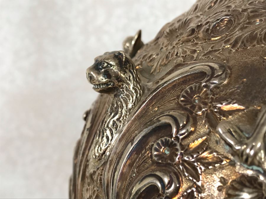 Impressive English Sterling Silver Ewer Pitcher With High Relief Repousse Decoration Featuring Winged Mermaids, Nautical Marine Motifs, Possibly Poseidon And Lions Head -Believe Mark Is Job Frank Hall In London, England 1,360g [Photo 11]
