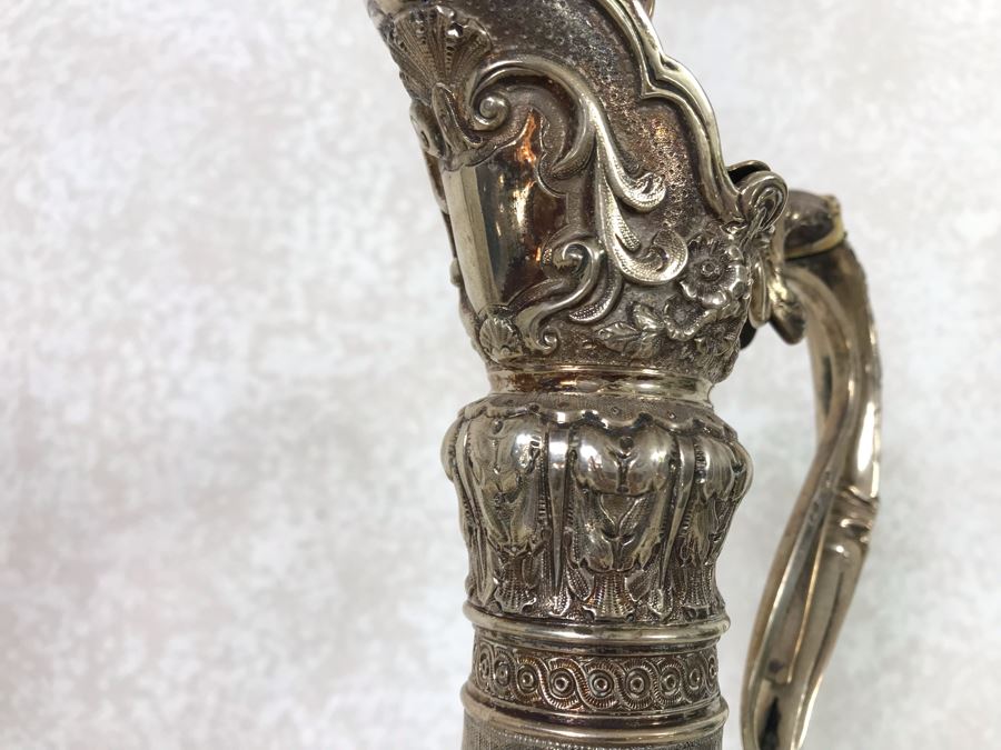 Impressive English Sterling Silver Ewer Pitcher With High Relief Repousse Decoration Featuring Winged Mermaids, Nautical Marine Motifs, Possibly Poseidon And Lions Head -Believe Mark Is Job Frank Hall In London, England 1,360g [Photo 13]