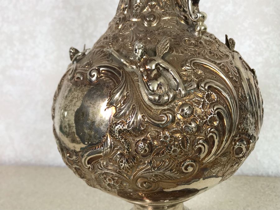 Impressive English Sterling Silver Ewer Pitcher With High Relief Repousse Decoration Featuring Winged Mermaids, Nautical Marine Motifs, Possibly Poseidon And Lions Head -Believe Mark Is Job Frank Hall In London, England 1,360g [Photo 7]