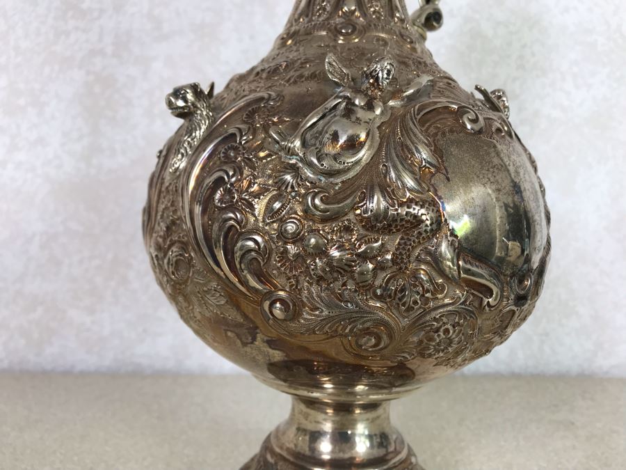 Impressive English Sterling Silver Ewer Pitcher With High Relief Repousse Decoration Featuring Winged Mermaids, Nautical Marine Motifs, Possibly Poseidon And Lions Head -Believe Mark Is Job Frank Hall In London, England 1,360g [Photo 14]
