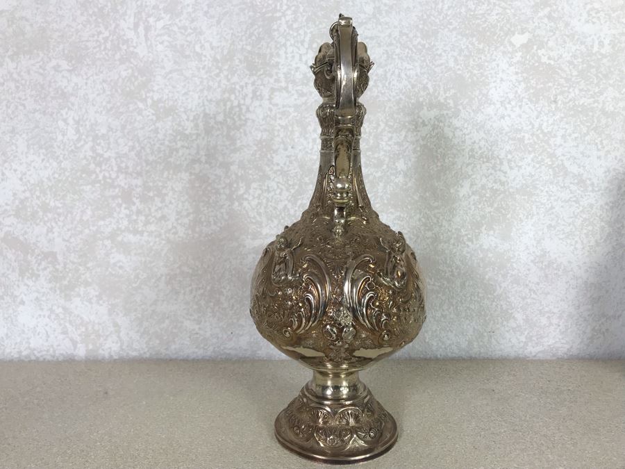 Impressive English Sterling Silver Ewer Pitcher With High Relief Repousse Decoration Featuring Winged Mermaids, Nautical Marine Motifs, Possibly Poseidon And Lions Head -Believe Mark Is Job Frank Hall In London, England 1,360g [Photo 25]