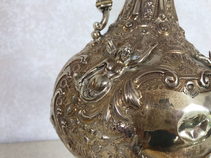 Impressive English Sterling Silver Ewer Pitcher With High Relief Repousse Decoration Featuring Winged Mermaids, Nautical Marine Motifs, Possibly Poseidon And Lions Head -Believe Mark Is Job Frank Hall In London, England 1,360g [Photo 20]