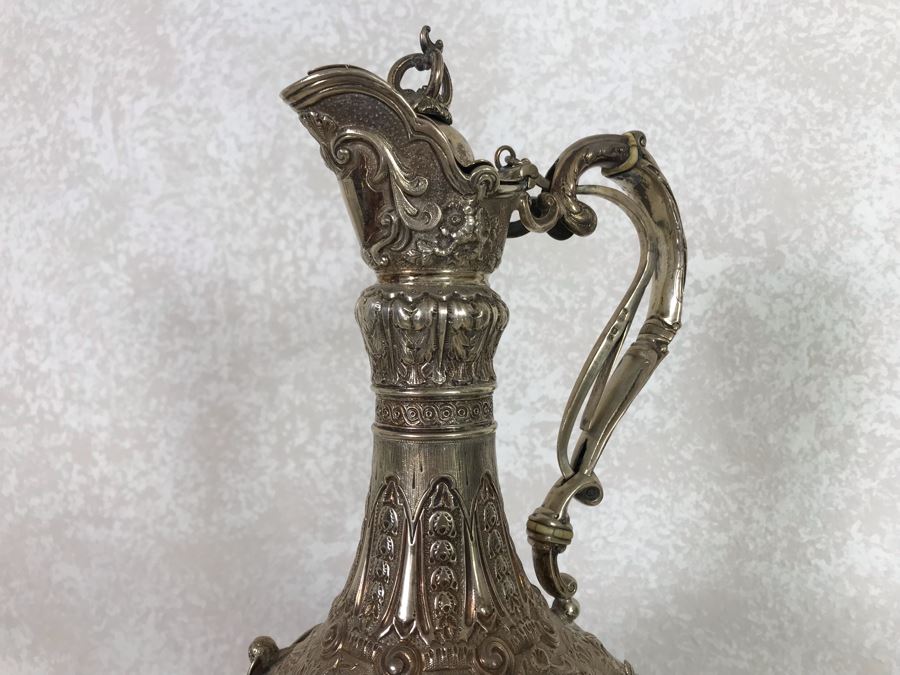 Impressive English Sterling Silver Ewer Pitcher With High Relief Repousse Decoration Featuring Winged Mermaids, Nautical Marine Motifs, Possibly Poseidon And Lions Head -Believe Mark Is Job Frank Hall In London, England 1,360g [Photo 12]