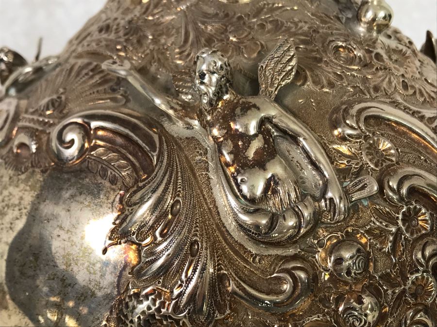 Impressive English Sterling Silver Ewer Pitcher With High Relief Repousse Decoration Featuring Winged Mermaids, Nautical Marine Motifs, Possibly Poseidon And Lions Head -Believe Mark Is Job Frank Hall In London, England 1,360g [Photo 8]