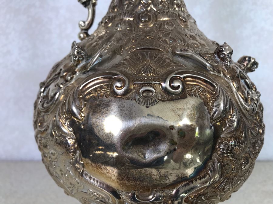 Impressive English Sterling Silver Ewer Pitcher With High Relief Repousse Decoration Featuring Winged Mermaids, Nautical Marine Motifs, Possibly Poseidon And Lions Head -Believe Mark Is Job Frank Hall In London, England 1,360g [Photo 19]
