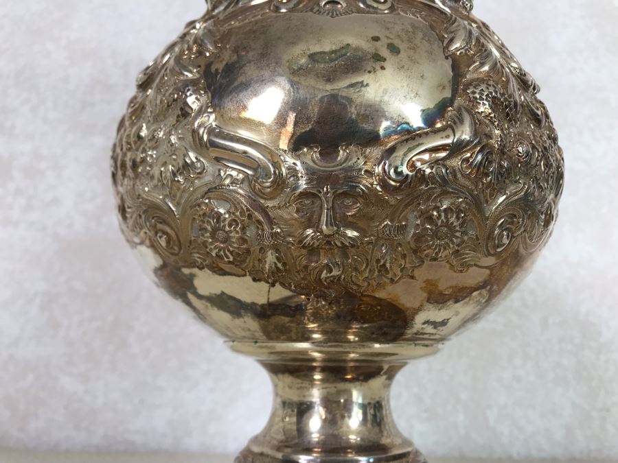 Impressive English Sterling Silver Ewer Pitcher With High Relief Repousse Decoration Featuring Winged Mermaids, Nautical Marine Motifs, Possibly Poseidon And Lions Head -Believe Mark Is Job Frank Hall In London, England 1,360g [Photo 23]