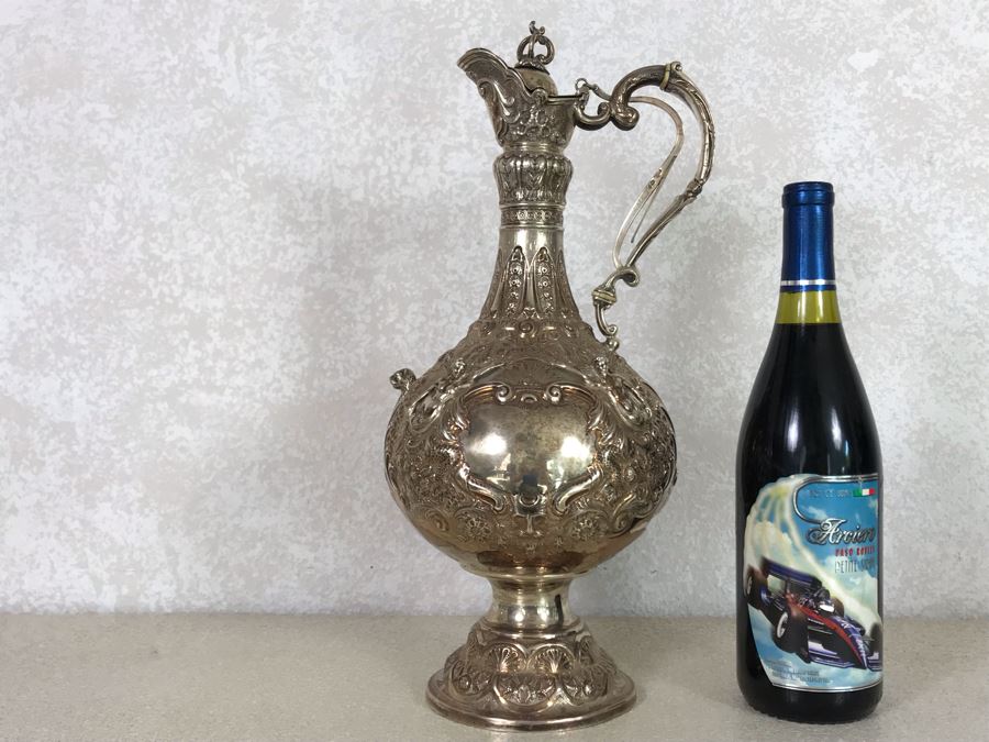 Impressive English Sterling Silver Ewer Pitcher With High Relief Repousse Decoration Featuring Winged Mermaids, Nautical Marine Motifs, Possibly Poseidon And Lions Head -Believe Mark Is Job Frank Hall In London, England 1,360g [Photo 4]