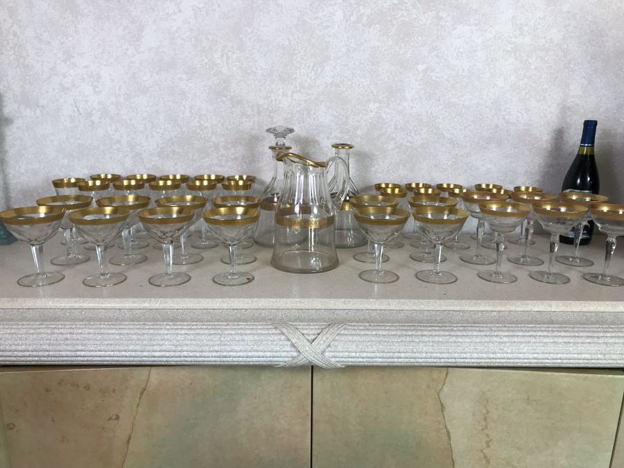 Large Collection Of Gold Rim Stemware Glasses With Matching Pitcher And Two Matching Decanters Apx 41 Pieces [Photo 3]