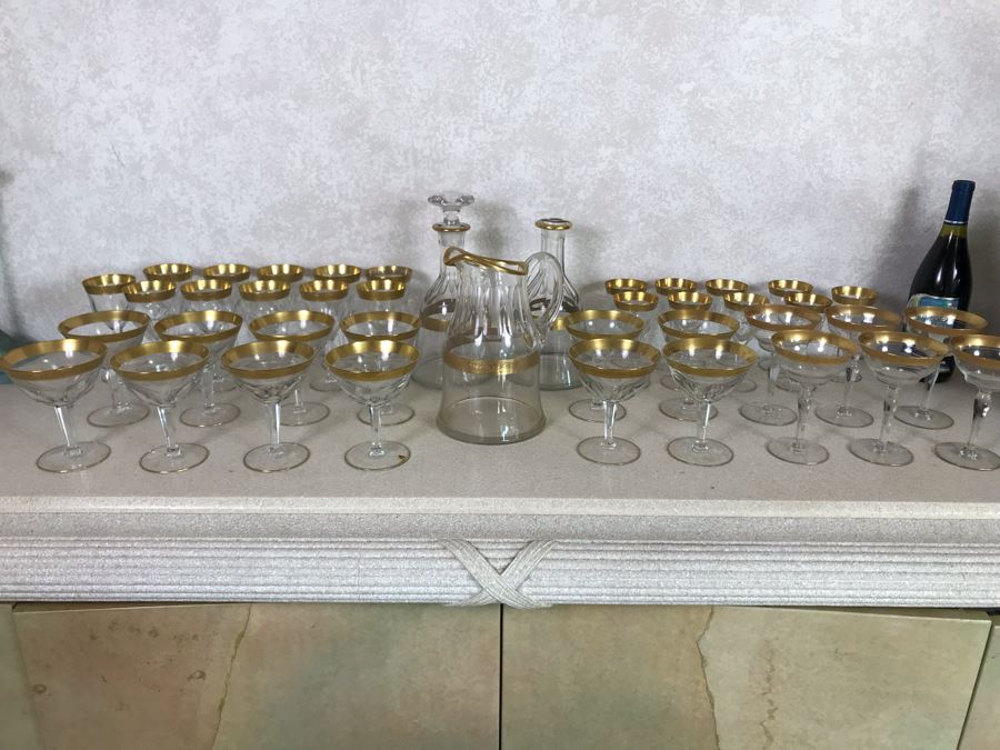 Large Collection Of Gold Rim Stemware Glasses With Matching Pitcher And Two Matching Decanters Apx 41 Pieces [Photo 2]